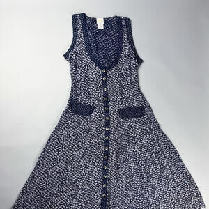 Vintage Navy Blue Floral Button-Front Sleeveless Maxi Dress